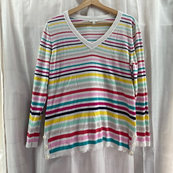 Talbots Sweaters - Talbots Striped V Neck Sweater Colorful‎ Button Sleeve Womens Medium lightweight